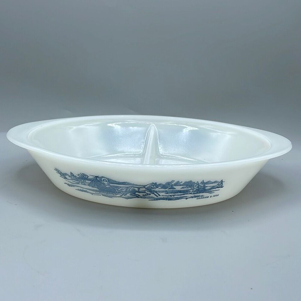 Glasbake made in USA milk glass divided dish with Currier & Ives Art